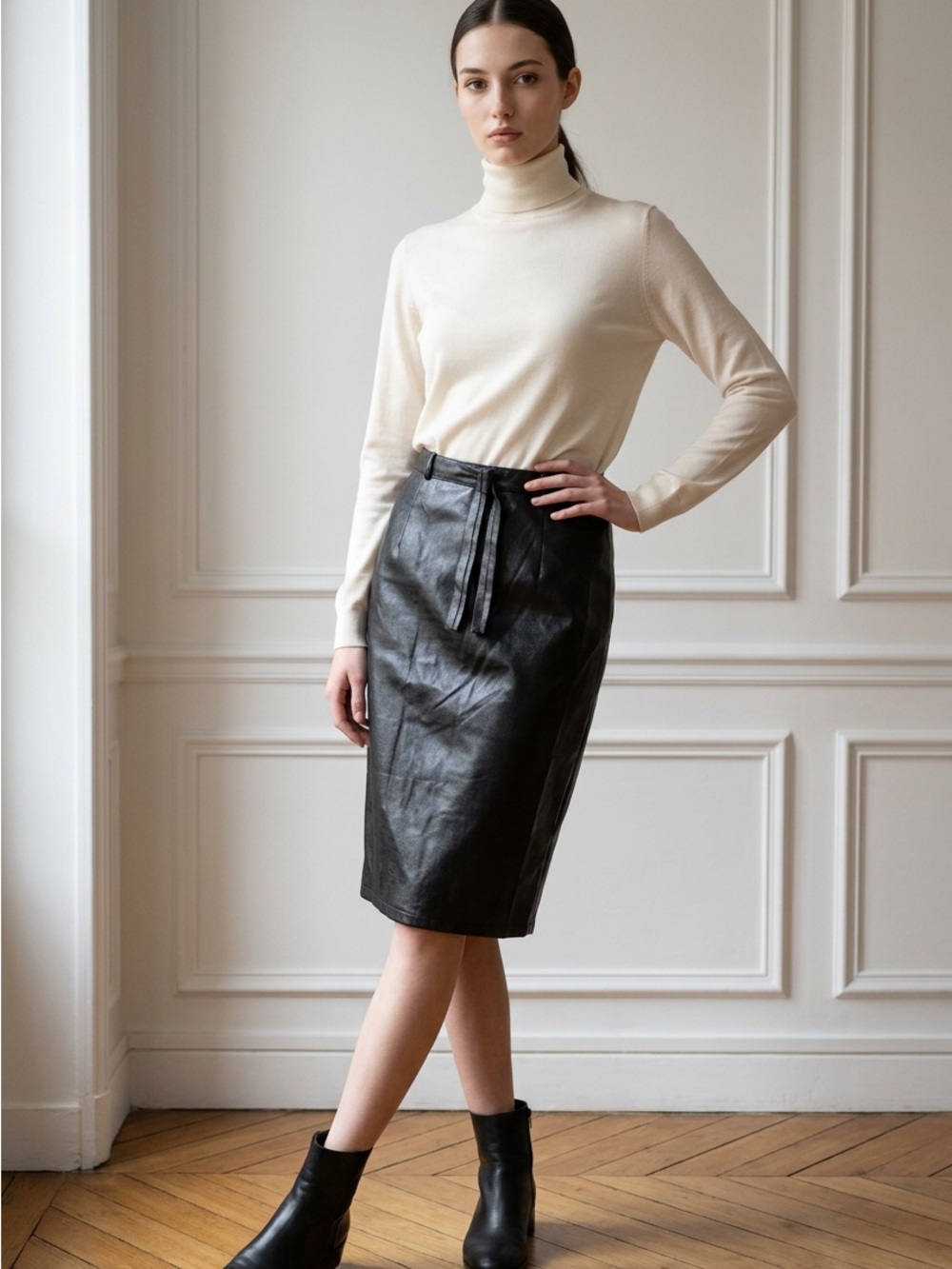 Sleek Black Faux Leather Pencil Skirt with Tie Waist